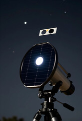 Fototapeta premium Renewable energy innovation, solar panel telescope for space exploration and sustainable technology research under night sky with stars