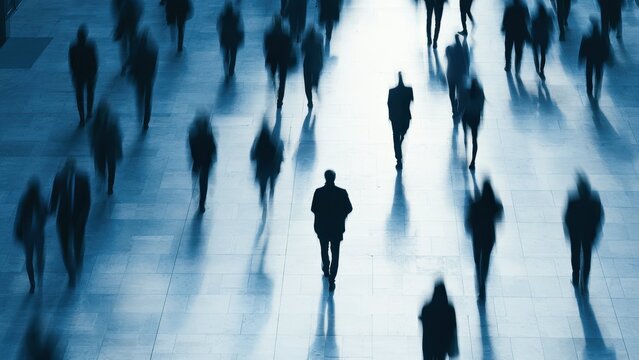 人混みの中を歩く人々と中央の人物を捉えた都会のビジネスイメージ