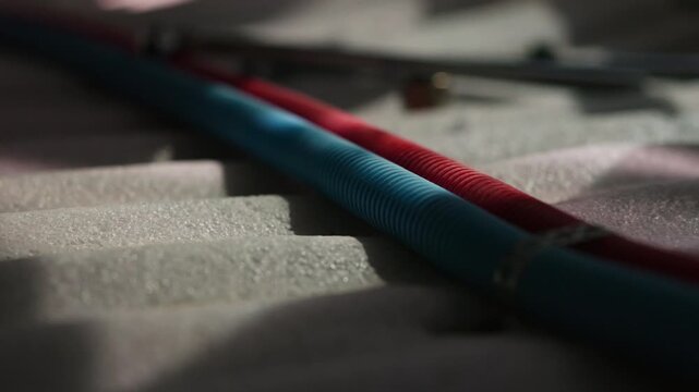 Red and blue corrugated water pipes laid on construction floor
