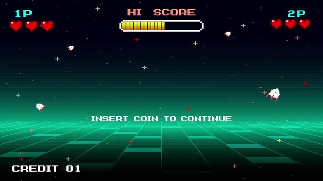 PRESS START. INSERT COIN TO CONTINUE. pixel art 8 bit. Retro Futurism Sci-Fi Background. Glowing neon grid and stars from vintage arcade computer games