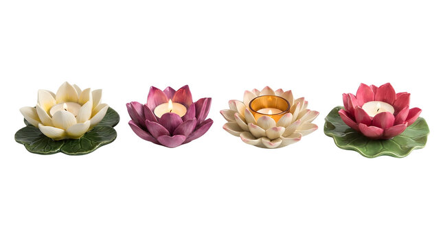Four ceramic lotus flower candle holders in a row, featuring a cream one on a green lily pad, a deep purple one, a cream one with an amber glass insert, and a bright pink one on a green lily pad