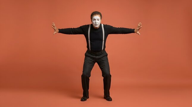 Mime performer, actor and theater artist in studio with white face paint, suspenders and invisible wall. Male entertainer, pantomime and performance for comedy, expression and drama on background