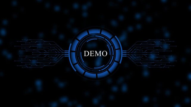 A Demo button on a clear projection ,Blue wave digital data flow. Seamless loop technology network background concept . Futuristic digital technology data connection symbols.Glowing Circuit Lines.