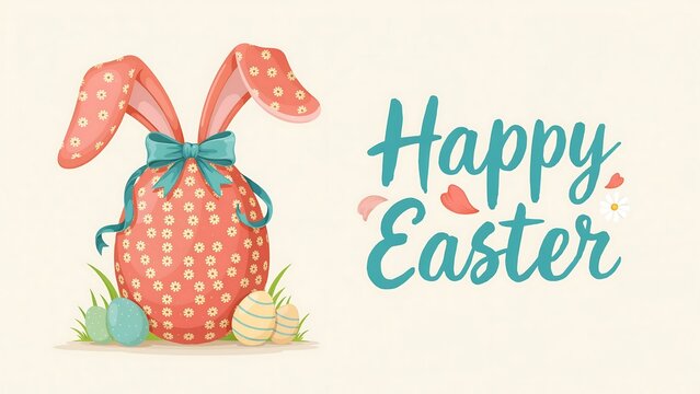Decorative easter egg with rabbit ears and a blue ribbon bow with happy easter text on a light beige background