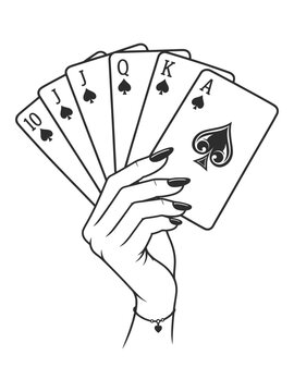 Hand Holding Playing Cards Poker Gambling Illustration.