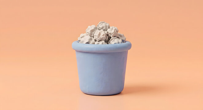 Cute 3D Claymorphism Office Wastebasket Icon with Paper Balls on Soft Pastel Background
