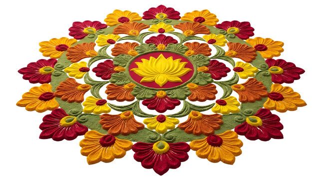 Intricate traditional rangoli floor art made from colored powder featuring a central yellow lotus motif surrounded by concentric rings of red, orange, and yellow flower petals with green leaves