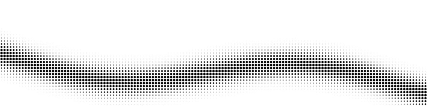 Halftone wave graphic composed of black dots arranged in a horizontal flowing waveform movement with varied circle sizes creating dynamic motion