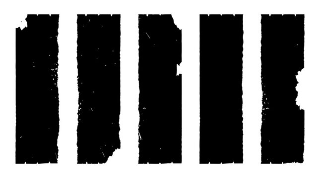Set of five vertical black grunge tape strips with distressed edges and textures isolated on a clean white background for graphic design and digital scrapbooking vector illustration