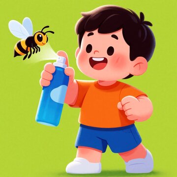 Happy young boy uses blue spray bottle to protect from wasp. Little kid sprays insect repellent against stinging bee in green garden. Child wears orange shirt, blue shorts, defends against pest