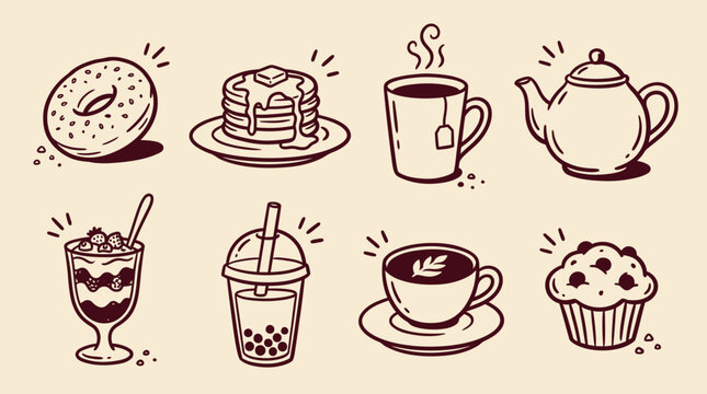 Breakfast and cafe beverage vector set featuring glazed donut pancakes hot tea teapot yogurt parfait bubble tea latte and muffin for food menu graphic design and restaurant branding elements