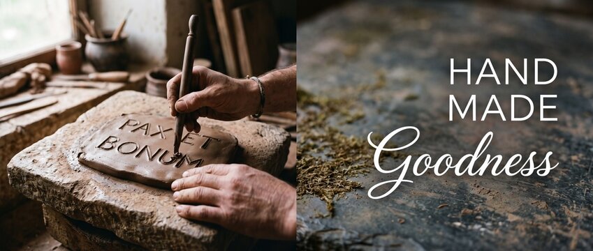 Potter carving wet clay slab with wooden tool creating latin text pax et bonum in rustic pottery workshop, artisan hands crafting handmade ceramic artwork for traditional craft concept banner design