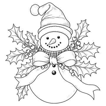 Christmas Bow with Berries and Holly Leaves and snowmen