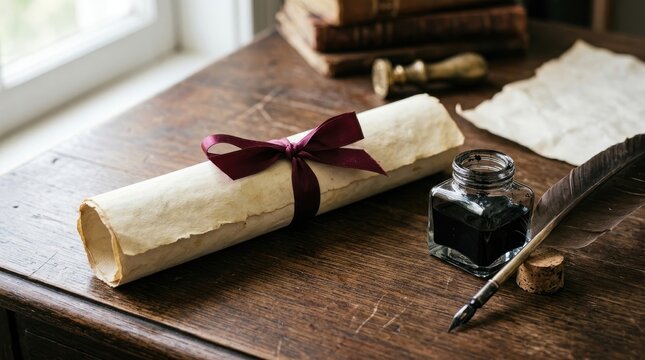A rolled parchment scroll is tied with a burgundy ribbon and rests on a dark wooden table. An antique inkwell and quill pen are placed beside it.