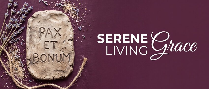 Clay tablet lavender spa background with Pax Et Bonum inscription, natural jute rope, and bath salts on purple fabric for wellness, serene living, holistic aromatherapy banner concept