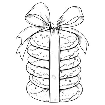 Christmas Gift Cookie with a bow Monochrome Line Art Illustration