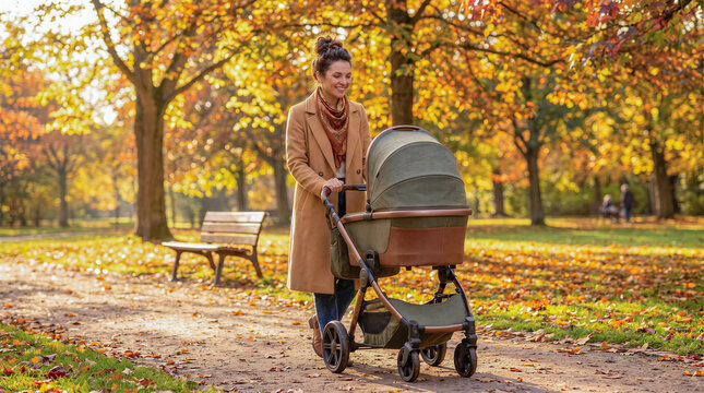 Young mom pushing a baby carriage during walk in park