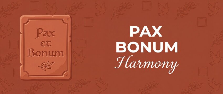 Pax et Bonum peace banner background vector featuring Latin phrase carved in terracotta stone plaque with olive branch and flying dove line art for Franciscan blessing, spiritual harmony concept