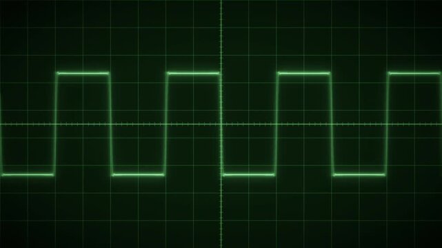 Green oscilloscope screen with sine, square, triangle and sawtooth waveforms morphing, seamless loop