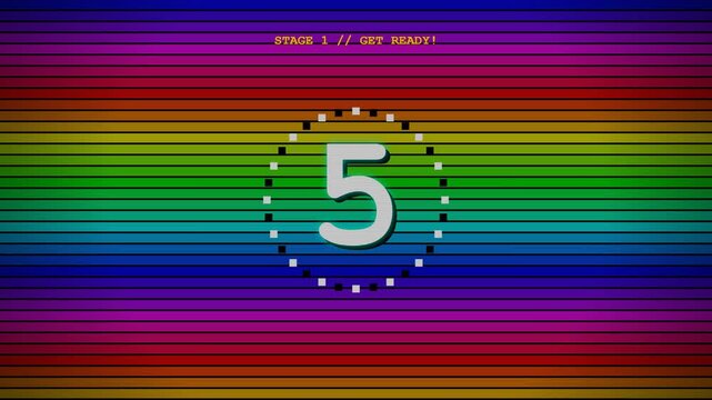 Retro 8-bit arcade game countdown screen with number five on rainbow scanline background