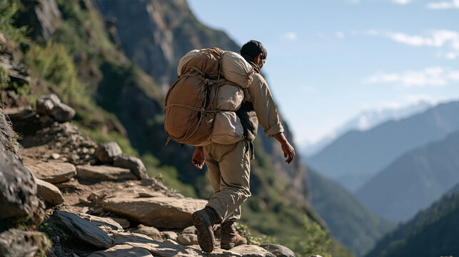 An Uttarakhand mountain porter carries heavy supply loads up a steep Himalayan trail, trekking route support, altitude labor, high-altitude logistics, expedition support economy,