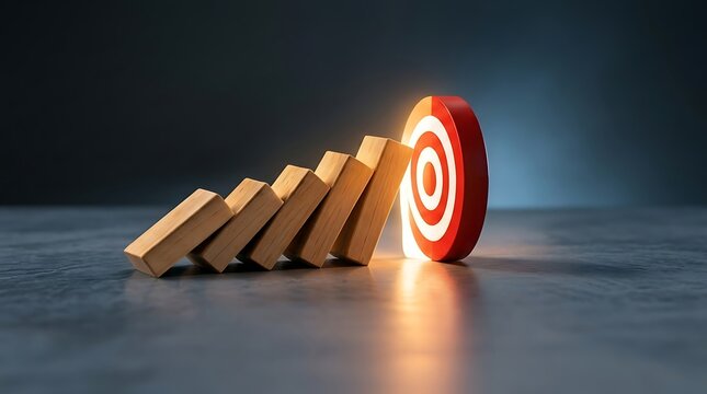 Conceptual image of wooden blocks falling in a domino effect hitting a glowing red target bullseye representing business strategy, success, and goal achievement on a dark atmospheric background