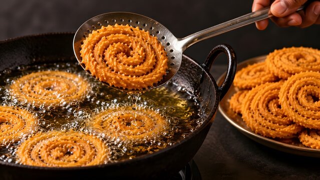 Deep frying spiral chakli murukku savory snacks in pan for Diwali festival
