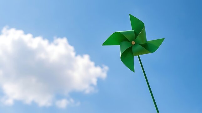 Green pinwheel windmill toy against a bright blue summer sky with white fluffy clouds, representing clean renewable energy, sustainability, environmental conservation, and eco-friendly concepts.