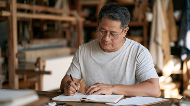 Indonesian batik craftsman at his workshop table comparing two microfinance loan options for equipment purchase, repayment burden calculation written in a composition book, looms