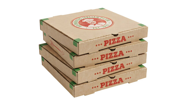 A stack of four square brown cardboard pizza boxes isolated on a white background, featuring red and green branding with an Italian chef logo and the word pizza printed across the front sides