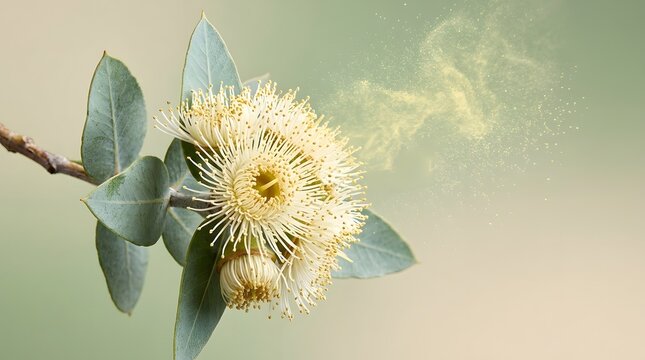 Eucalyptus flower, pollen and nature with bloom, branch and release. Spring, flora and plant with allergy, growth and blossom for gardening, environment and education with native australian bush