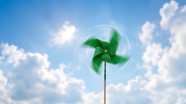 Vibrant green toy pinwheel spinning rapidly with motion blur against a bright blue summer sky background with white clouds and sunlight representing clean energy, freedom, and environmental concepts.