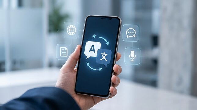 Concept of online language translation app on smartphone held by hand in office setting, featuring digital icons for voice, document, and global communication for business or travel purposes.