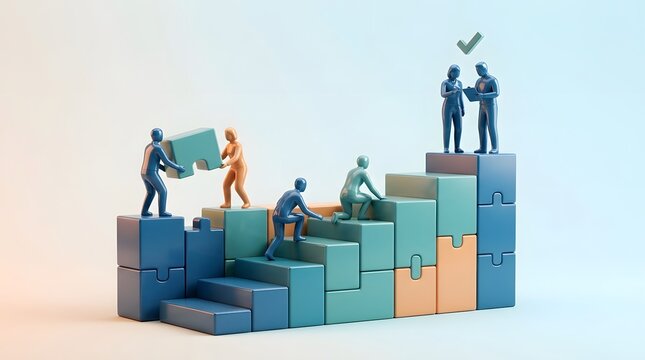 Teamwork business growth and puzzle for strategy, success and cooperation with team. Leadership, career ladder and puzzle pieces with achievement, goal reaching and progress for corporate planning