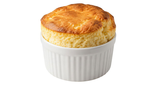 A single freshly baked cheese souffle served in a white ceramic ramekin.