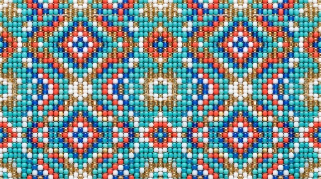 Seamless Glass Seed Bead Loom Weave Pattern with Geometric Diamonds in Turquoise, Coral and Gold