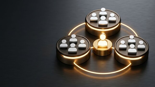 Business Leadership and Team Organization Concept with Glowing Professional Icon Influencing Diverse Groups on Metallic Platforms and Connected Network Circles for Management and HR Strategy