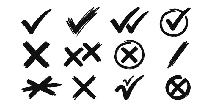 These hand drawn check mark and cross symbol designs represent correct tick options and incorrect rejection choices