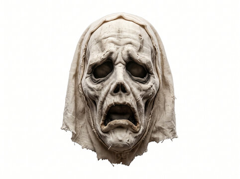 Spooky Ghost Mask with Terrifying Expression and Pale Fabric Hood for Halloween Horror