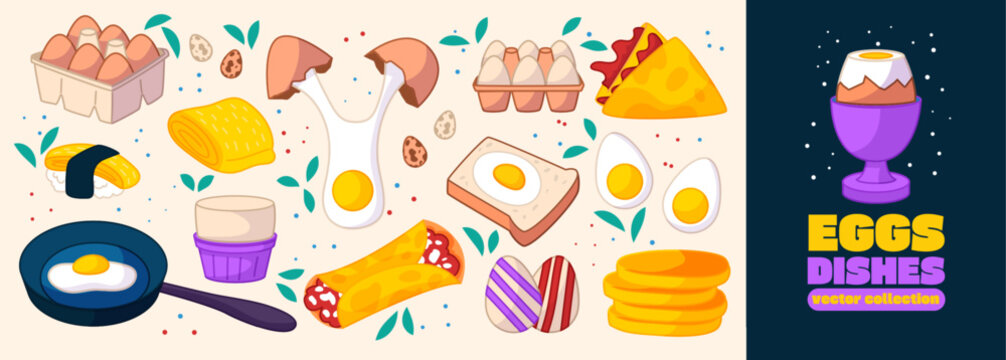 Eggs. Cooking food for breakfast, omelets in pans, healthy dishes on plates, fresh product menus, quail Easter decorations and organic boiled or fried meals. Vector cartoon flat isolated illustration