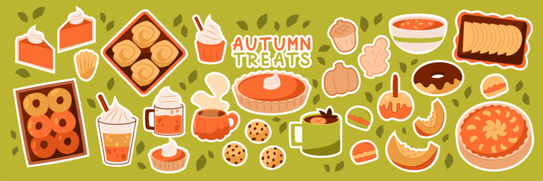 Autumn food stickers. Thanksgiving feast with apple pie, pumpkin cake, cinnamon rolls, donuts and hot drinks, seasonal bakery, celebrating harvest meal. Vector cartoon flat style isolated illustration
