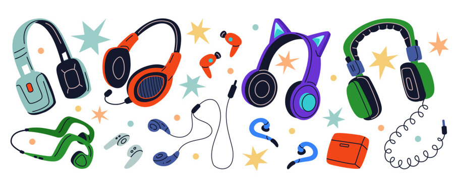 Headphones collection. Gaming headsets with microphones, wireless earbuds, wired earphones, audio cables and charging case, DJ gadgets for music or voice communication. Vector cartoon illustration