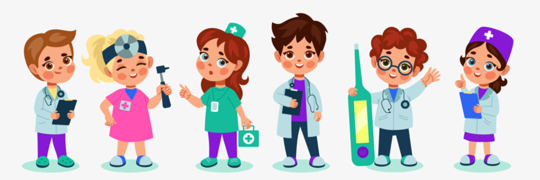 Children playing doctors. Cute kids dressed as nurses or physicians, holding stethoscopes, clipboard, thermometer and medical kit, hospital patient care vector cartoon flat style isolated illustration