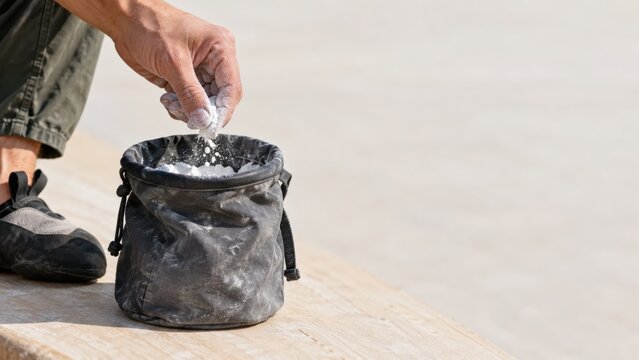 Hand pinching climbing chalk above an open chalk bag
