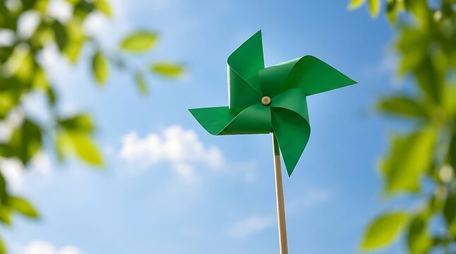 Green Paper Pinwheel Against a Clear Blue Sky with Green Leaves Frame, Symbolizing Sustainable Wind Energy, Environmental Conservation, and Eco-Friendly Concepts for a Brighter Future