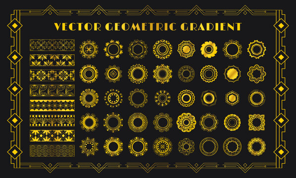 Art deco ornaments. Gold geometric borders, circular floral frames and vintage dividers with filigree flourishes, antique decorative elements for luxury invitations. Vector ornamental isolated set