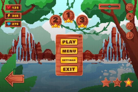 Pixel game jungle. 8‑Bit forest landscape with waterfall. Jungle game interface. Arcade screen. UI panels. Buttons, level progression, energy icon, panel wooden. Vector garish background illustration