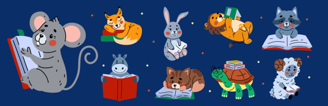Animal reads books. Character children. Education with curiosity, study. Funny kid learning literature. Creative school knowledge, childhood imagination. Vector tidy cartoon flat style isolated set