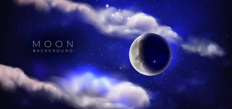 Moon night sky. Luminous crescent with clouds, Ramadan. Midnight dark background. Moonlight dream, romantic. Calm fog of mysterious. Vector atmosphere, horizontal isolated realistic illustration