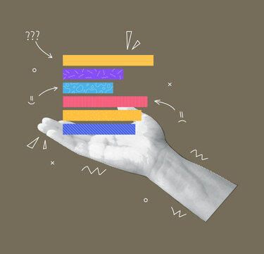 Data analysis collage. Halftone hand holding patterned bars with arrows, questions and emotional doodles, statistical comparison presented, playful visual storytelling symbol. Vector media graphic set